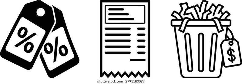 A set of simple black and white line art icons depicting shopping price tags with percentage symbols, a printed paper receipt, and a waste bin filled with shredded documents and a dollar sign tag.
