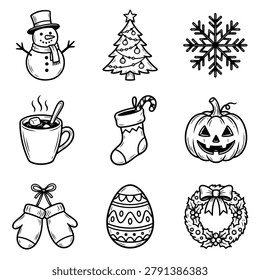 A set of simple black and white line drawings representing winter holidays and celebrations including a snowman, Christmas tree, snowflake, hot chocolate, stocking, pumpkin, mittens, Easter egg, and .
