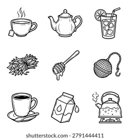 A set of simple black and white line art illustrations representing tea and beverage related items.