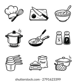 A set of simple black and white line drawings depicting various kitchen tools and cooking ingredients for culinary purposes.