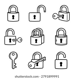 A set of simple black and white line art illustrations of various padlocks and keys, some open and some closed.