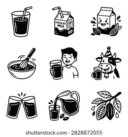 A set of simple black and white line art drawings depicting various milk and chocolate milk related items and scenes.