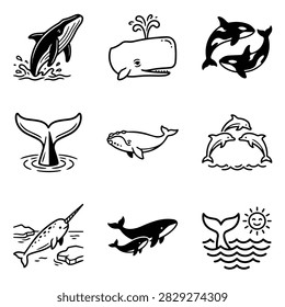 A set of simple black and white line art illustrations depicting various whales, dolphins, and narwhals in different poses and environments.
