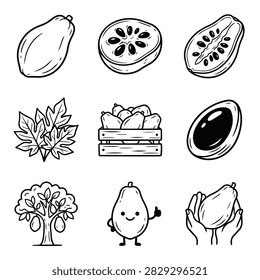 A set of simple black and white line art drawings featuring papayas, papaya leaves, a papaya tree, and a cute cartoon papaya character.