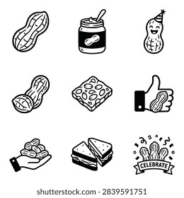A set of simple black and white line art icons representing peanuts and peanut-related items like peanut butter and sandwiches.
