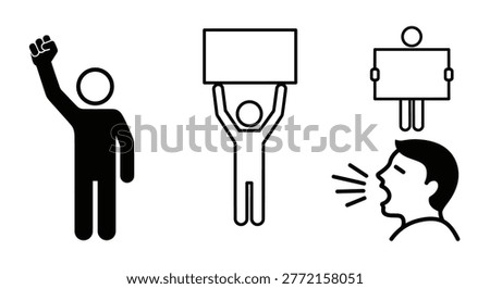 A set of simple black and white line art icons depicting protest actions including holding signs, raising a fist, and shouting