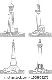 Set of simple black and white linear drawing images of lighthouse on island.