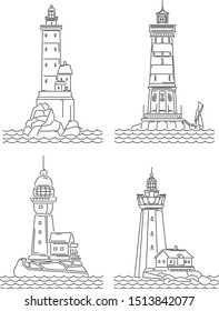 Set of simple black and white linear drawing images of lighthouse on island.