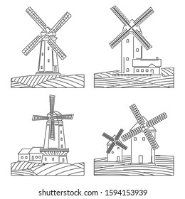 Set of simple black and white linear drawing images of stylized windmills with fields.