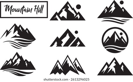 Set of Simple Black and White Mountain Logos in White Background. EPS-10.