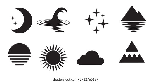 set of simple black and white nature and celestial icons