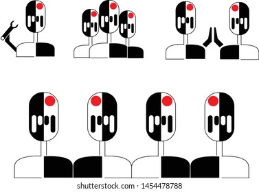 Set of simple black and white robot icons. Robots in a row, coworkers, common success. Robot holding wrench, high five. Business icons