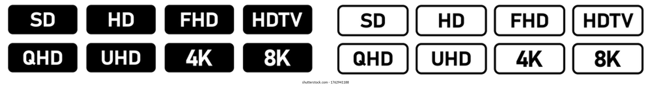 Conjunto de iconos simples de vídeo o resolución de pantalla en blanco y negro - texto en rectángulo redondeado pequeño
