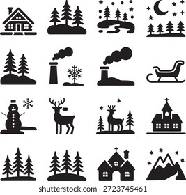 Conjunto de iconos de invierno negro simple que incluyen paisajes, animales y edificios, adecuados para temas y diseños de vacaciones y de temporada.