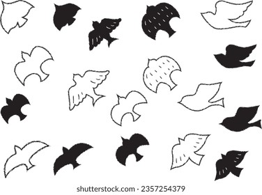 A set of simple black-and-white illustrations of birds drawn with crayon touch.
