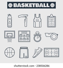 Set of simple blue basketball thin line icons. Vector illustration of sport symbols in flat style on the white background
