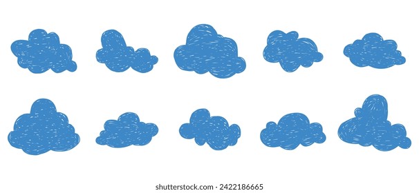 Set of simple blue clouds on white background. Vector naive art illustration.