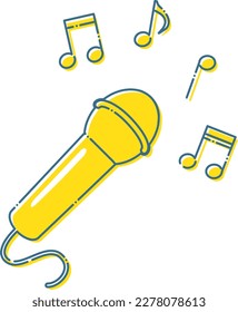 Set of simple blue dashed lines and yellow microphones and music symbols