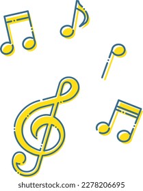 Set of simple blue dashed lines and yellow musical symbols