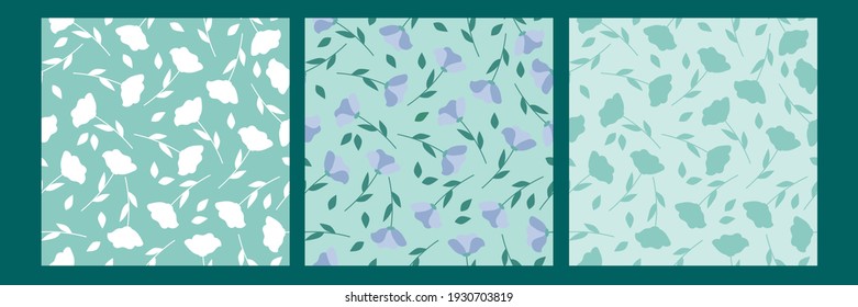 Set of simple blue floral and silhouette patterns. For textiles, packaging, phone cases.