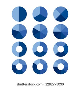 Set of simple blue gradient info piecharts / segment of circle element icons for 1 2 3 4 5 6 7 8. Modern flat design infographics template for app ui ux web button vector isolated on white background