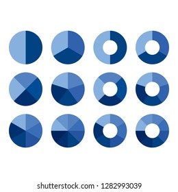 Set of simple blue gradient info piecharts / segment of circle element icons for 2, 3, 4, 5, 6, 8. Flat design infographics template for app ui ux web button banner vector isolated on white background