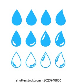 A set of simple blue water drops on a white background. Drops of oil, juice, water, cosmetics, etc. Realistic vector illustration.