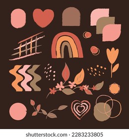 Un conjunto de simples garabatos estilo boho sobre un fondo marrón aislado