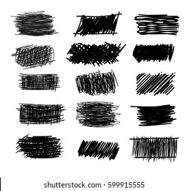 Set of simple bold hatching doodle lines, curves, frames. Pencil collection sketch isolated on white. Vector marker line blots set. Hand drawn black grunge scribble backgrounds for your design.