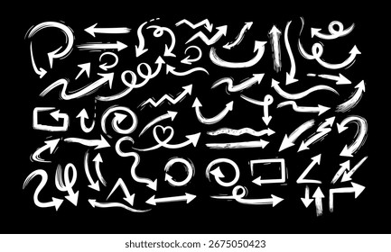 Conjunto de linhas simples em negrito setas desenhadas à mão em vários estilo ícone vetor, sinal, coleção de símbolos.