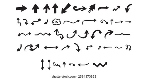 Set of simple bold lines hand drawn black arrows in various style, Hand-drawn arrow icons set for design projects, silhouette and white background.