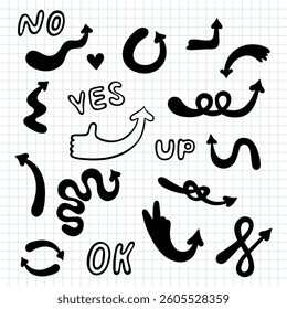 A set of simple bold lines hand drawn with black arrows. Various simple arrow lines collection