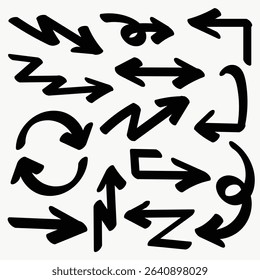 Set of simple bold lines hand drawn black arrows in various style. Set of simple of hand drawn black arrows. Set of simple bold lines hand drawn black arrows. Various of simple lines arrows collection