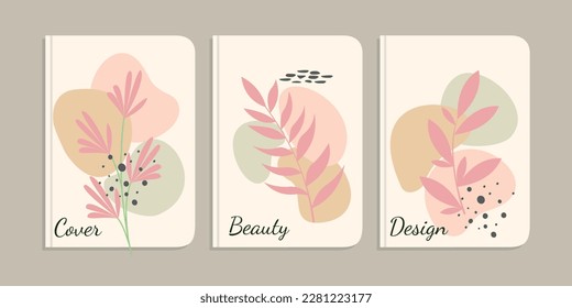 Set von einfachen Buchcover-Designs mit handgezeichnet Blumendekorationen. abstrakter, botanischer Hintergrund. A4-Größe für Notebooks, Bücher, Schulbücher, Planer, Broschüren, Bücher, Kataloge