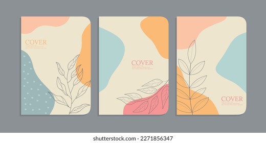 Set von einfachen Buchcover-Vorlagen mit schönen handgezeichneten Blumendekorationen. abstrakter, botanischer Hintergrund.Größe A4 Für Notebook, Planer, Schule, Broschüre, Buch, Katalog