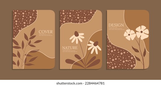 Set von einfachen Buchcover-Vorlagen mit schönen handgezeichneten Blumendekorationen. abstrakter botanischer Hintergrund.Größe A4 Für Notebooks, Tagebücher, Planer, Schule, Broschüre, Buch, Katalog