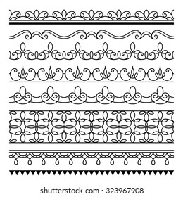 Set of simple border ornaments, ornamental seamless border lines, design elements for page decoration, vector embellishment on white