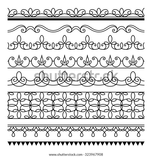 Set of simple border ornaments, ornamental seamless\
border lines, design elements for page decoration, vector\
embellishment on white
