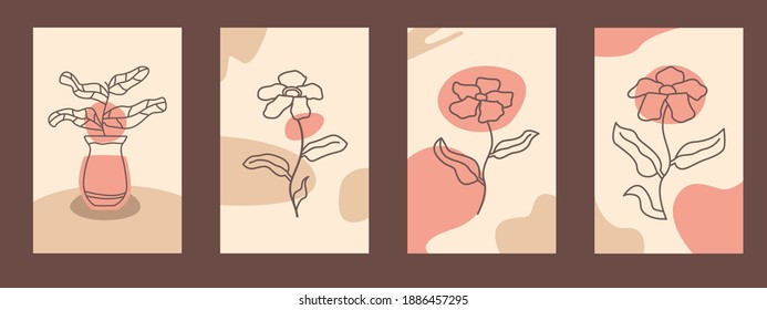 Set of simple botanical banners for printing, wall art, presentation and other graphic objects. Branches and flowers, simple vector illustration.