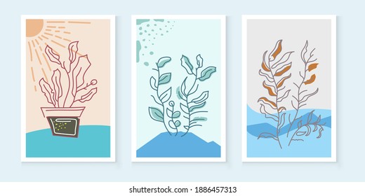 Set of simple botanical banners for printing, wall art, presentation and other graphic objects, simple vector illustration.