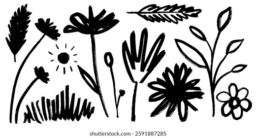 Set of simple botanical elements. Black and white plants painted with dry brush isolated on white background. Collection of leaves and flowers