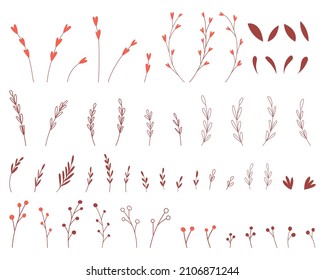 A set of simple botanical elements. Twigs, leaves, sprigs with hearts, berries in childish style. Boho colors. Flat vector illustrations isolated on a white background.