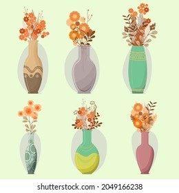 Set of simple bouquets of flowers in a vases. Cartoon flat style