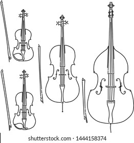 Set of simple bowed stringed musical instruments violin, viola (alto); cello, double bass drawn by lines.