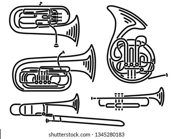 Set of simple brass wind musical instruments trumpet ,tuba, trombone, euphonium, French horn drawn by lines.