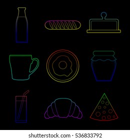 Set of simple breakfast food color line art icons on black background vector illustration