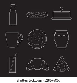 Set of simple breakfast food line art icons on black background vector illustration
