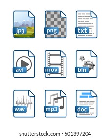 Set of simple bright blue file icons with extensions isolated on white