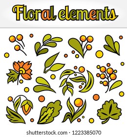 Set of simple bright motley floral elements drawn by hand for design, decoration of cards, creating frames. Isolated on white background. EPS10 vector illustration.
