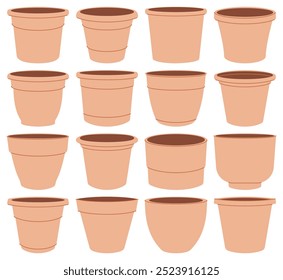 Set of simple brown flower pots vector, plant pots vector hand drawn vector illustration in lineal color style